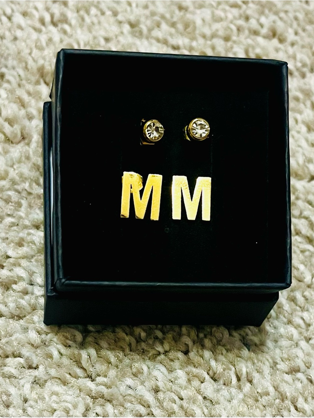 Gold Initial 'M' Stud Earrings with Crystal Accent - Women's Jewelry